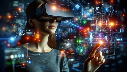 Naklejka premium A person interacts with immersive digital technology using virtual reality, surrounded by futuristic elements.