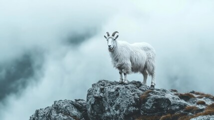 Fototapeta premium A white mountain goat stands on a rocky cliff with clouds in the background.