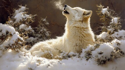 A white wolf howls in a snowy forest, its breath forming a cloud in the crisp air.