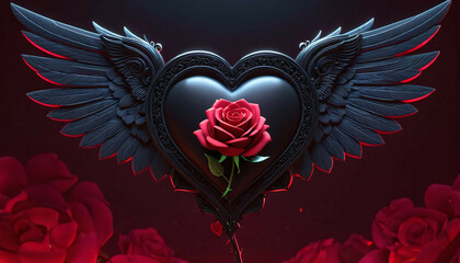 A black heart with wings and a red rose, adorned to express eternal love.