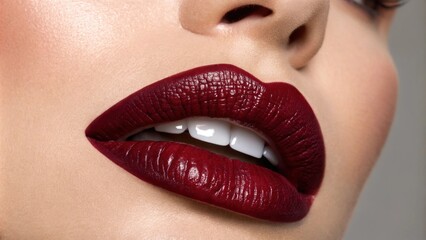 Fototapeta premium The image highlights a bold dark red lipstick where the lower lips subtle bite enhances the lips allure. The overall finish is glossy providing a stunning contrast to the deeper