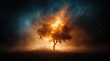 Fototapeta premium A solitary tree appears ablaze in a swirling mist of flame-like smoke against a starry sky, evoking mystery, resilience, and transformation.