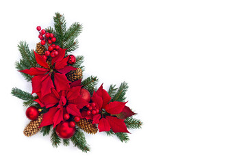 Christmas decoration. Flowers of red orange poinsettia, branch christmas tree, red balls, red berries, fir cones on a white background with space for text. Top view, flat lay