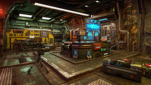 Fantasy futuristic underground military bunker built in a cave. 3D render.