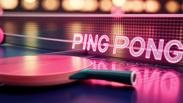 A pink ping pong paddle lies on a table with a neon sign.