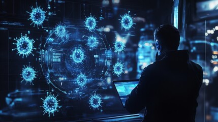 Obraz premium A person sits at a laptop late at night studying a large digital display filled with virus data. The screen shows a complex network of virus particles and intricate data streams.