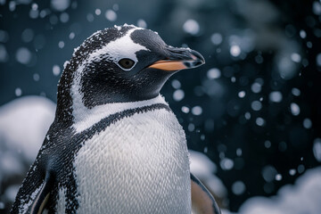 Portrait of a penguin standing against an icy landscape.