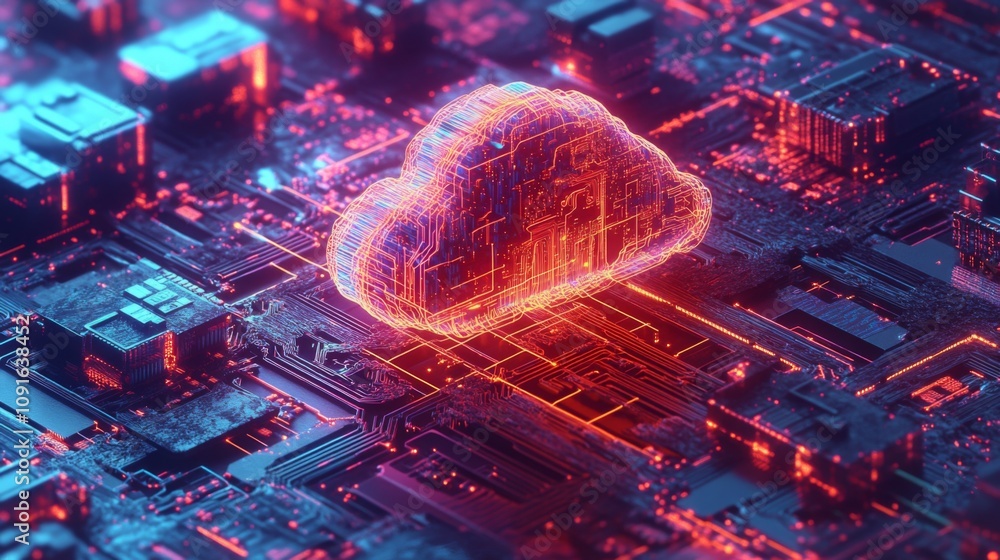 Poster a neon-colored cloud symbol is shown floating above a complex and colorful circuit board, with brigh