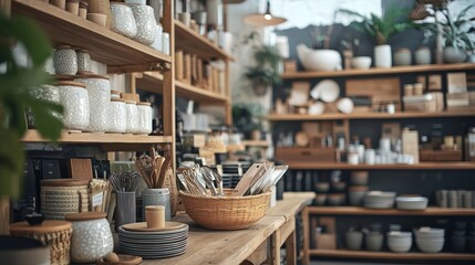 Fototapeta premium Rustic kitchenware and tableware display in cozy shop