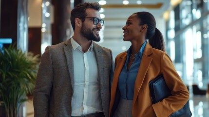 Multicultural colleagues in casual attire standing together in a hotel lobby during a corporate trip.