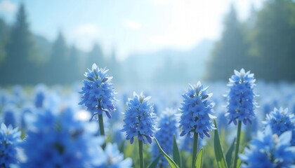 Obraz premium A scenic field of blue flowers with a serene mood under soft sunlight and misty background