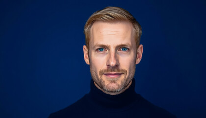 Obraz premium Man with Light Brown Hair in Dark Blue Turtleneck Sweater on Solid Blue Background