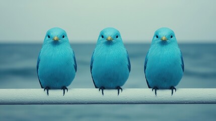Naklejka premium Three Blue Birds Perched on Rail Ocean Background Wildlife Photography