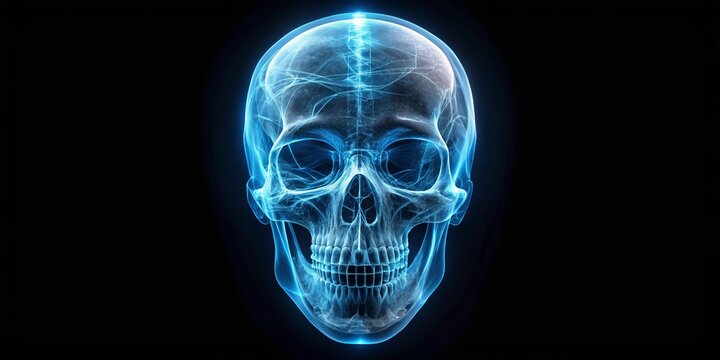 Blue Glowing Skull with Radiant Exposure on Black Background, Highlighting Intricate Structure and Ethereal Light Effects