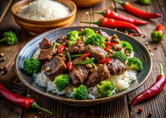 Delicious Plate of Fried Beef Stir-Fry with Garlic, Thai Peppers, Broccoli, and Rice on a Rustic Table Surrounded by Fresh Red Chilies and Seasoning