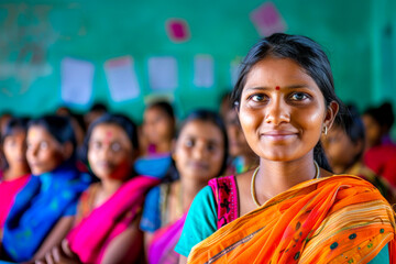 A determined Indian woman launches a rural education program, showcasing dedication and empowerment, symbolizing opportunities for skill development and literacy.