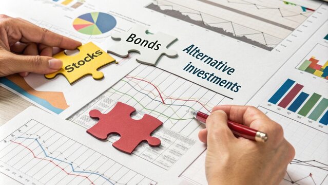 An illustration of a puzzle being completed with pieces labeled stocks bonds and alternative investments being rearranged for a better fit.