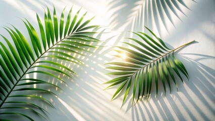 Obraz premium Bright Sunlit Palm Leaves Casting Shadows on a White Background in a Serene Nature Scene, Ideal for Background or Decoration Purposes