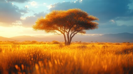 Fototapeta premium A solitary tree stands in a golden field at sunset, highlighting nature's beauty and tranquility.