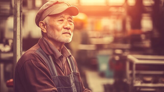Elderly Worker Reflecting at Factory: Resilience and Wisdom in Industrial Setting - Powered by Adobe