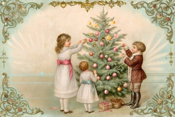 Victorian-style vintage postcard with children decorating a Christmas tree and blank space for text, A4 or A5 format