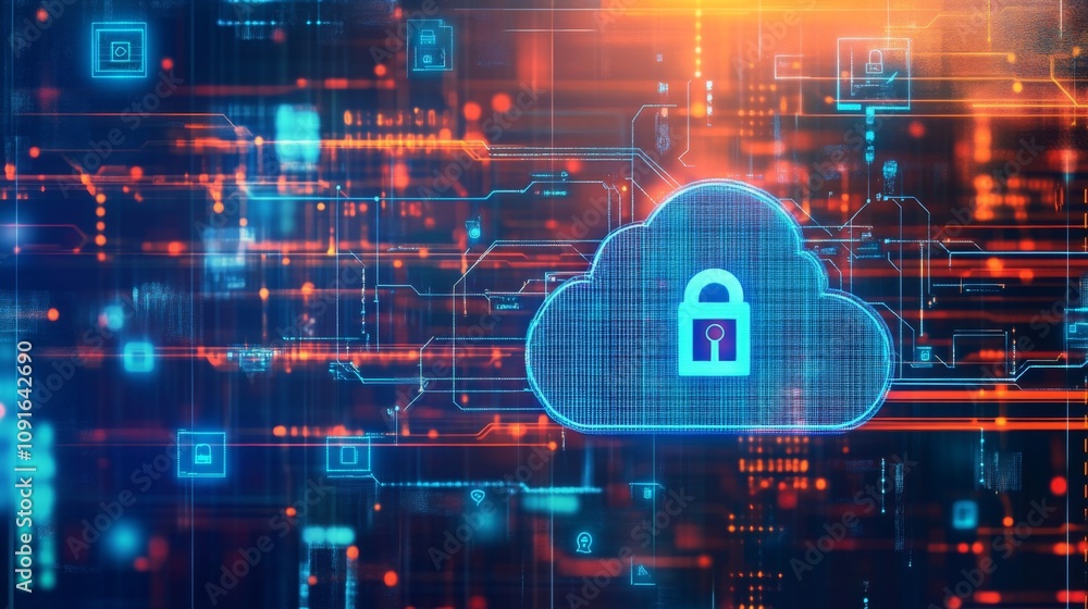 Aufkleber A digital illustration of a blue cloud with a padlock in the center. The cloud is on a background of glowing red and blue lines that resemble a circuit board.