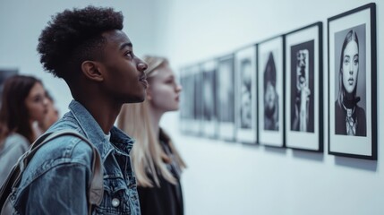 Unrecognizable ethnically diverse young people looking at black and white pictures on walls at contemporary photography exhibition in university, Generative AI