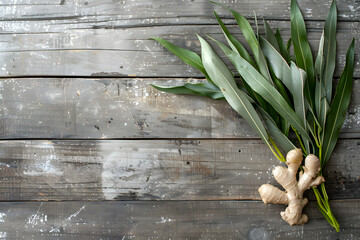 Fresh Ginger Roots with Green Leaves on Rustic Wooden Background Copy Space. Natural and Organic Concept for Food Blogs, Recipes, Health Websites, E-commerce, Packaging, Ads, Cookbooks, Social Media