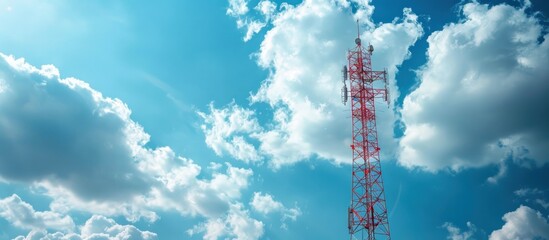 Red Communication Tower Against a Blue Sky
