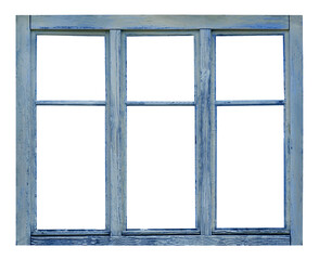 Old blue wooden window on white background