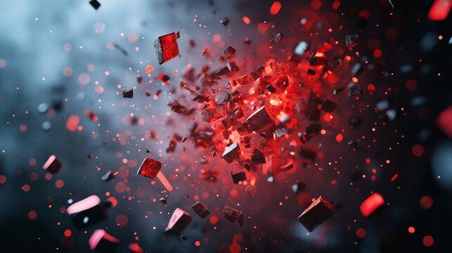 Explosion von Partikeln kleinen Steinchen mit Unsch&auml;rfe und Rauch rotes Schimmern von kleinen Glasscherben und Splittern Generative AI
