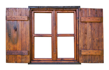 Wooden window with open shutter on white background