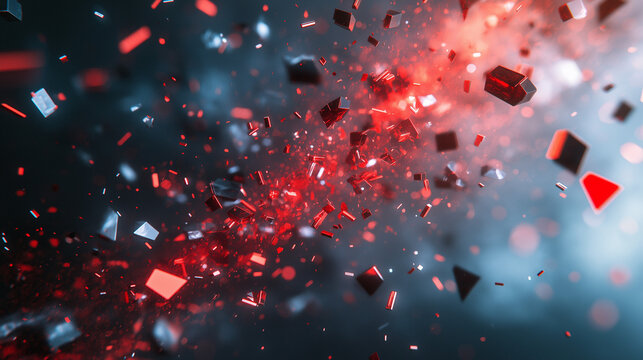 Explosion von Partikeln kleinen Steinchen mit Unsch&auml;rfe und Rauch rotes Schimmern von kleinen Glasscherben und Splittern Generative AI