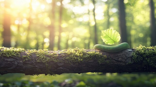 Green Python Snake on Mossy Branch in Lush Forest