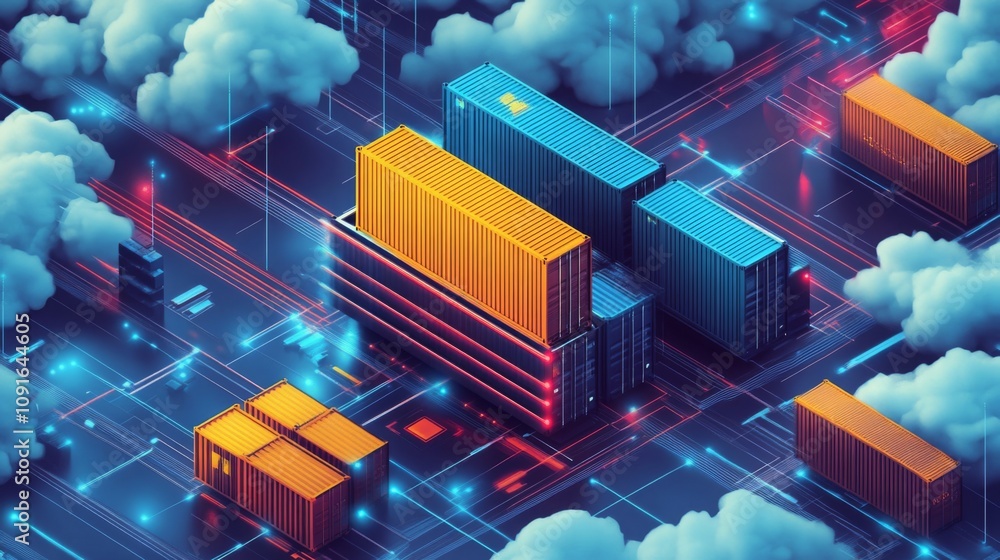 Aufkleber a digital network with bright blue, red, and purple lines is shown. containers are stacked on top of
