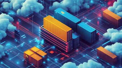 A digital network with bright blue, red, and purple lines is shown. Containers are stacked on top of each other, colored yellow and blue. Some containers are clustered together.