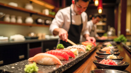 Sushi chefs skillfully preparing fresh sushi at an upscale restaurant during evening service