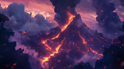 Fototapeta premium A powerful volcanic eruption with glowing lava streams and explosive ash clouds capturing nature's raw, fiery intensity at dusk. Fiery Volcanic Eruption. Illustration