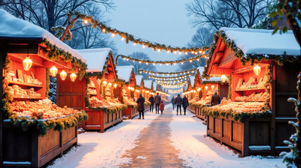 Fototapeta premium Winter market bustling with visitors amidst snow and festive lights in a charming setting