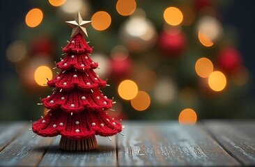 A Christmas card. A knitted red Christmas tree with a star on top. The background is festive blurred with bokeh lights