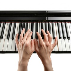 Woman playing a song on a piano keyboard, composing a new classical music melody