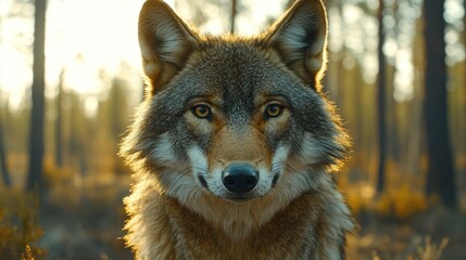 Obraz premium Close-up portrait of a wolf in a forest.