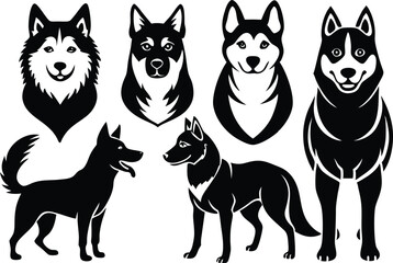 6 Vector Silhouette Dogs Logo Icon Set - Black Clipart Illustrations on White Background