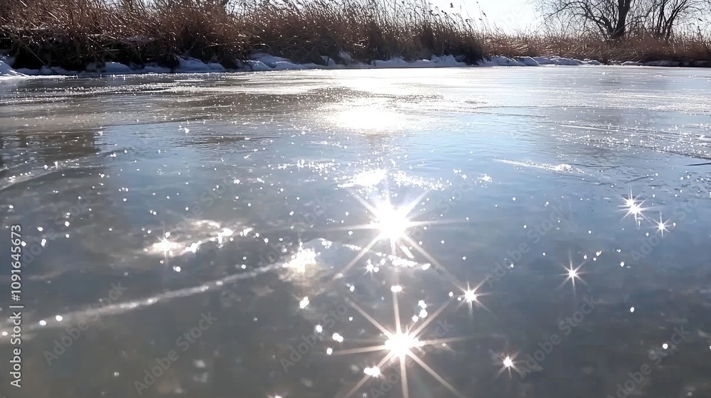 Poster a serene winter pond glistens under warm sunlight, creating a mesmerizing display of sparkling frost