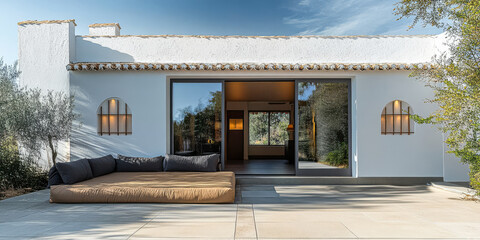 Modern white house with sliding glass doors and cozy outdoor seating in a serene landscape