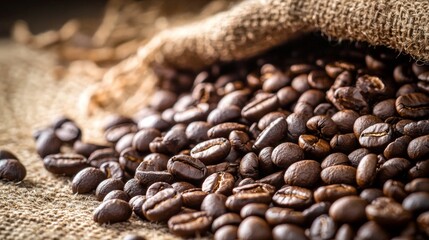 Fototapeta premium Roasted coffee beans spilling out of burlap sack