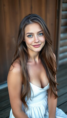 Naklejka premium Beautiful Young Attractive Woman in White Satin Slip Dress on Wooden Porch