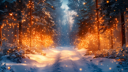 A serene snowy forest path with towering pine trees draped in glowing fairy lights, creating a peaceful and magical winter scene.