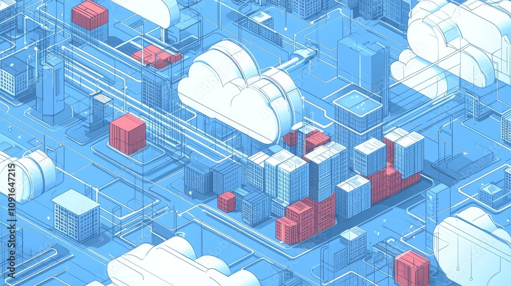 Fototapete a detailed representation of a modern city skyline featuring buildings intertwined with digital clou