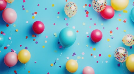 Colorful balloons in various shades along with vibrant confetti scattered against a bright blue background ideal for festive birthday or party decorations.